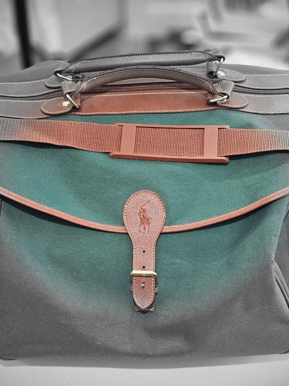 Vintage Ralph Lauren Fragrances Green Canvas Duffel Travel Bag Leather Trim